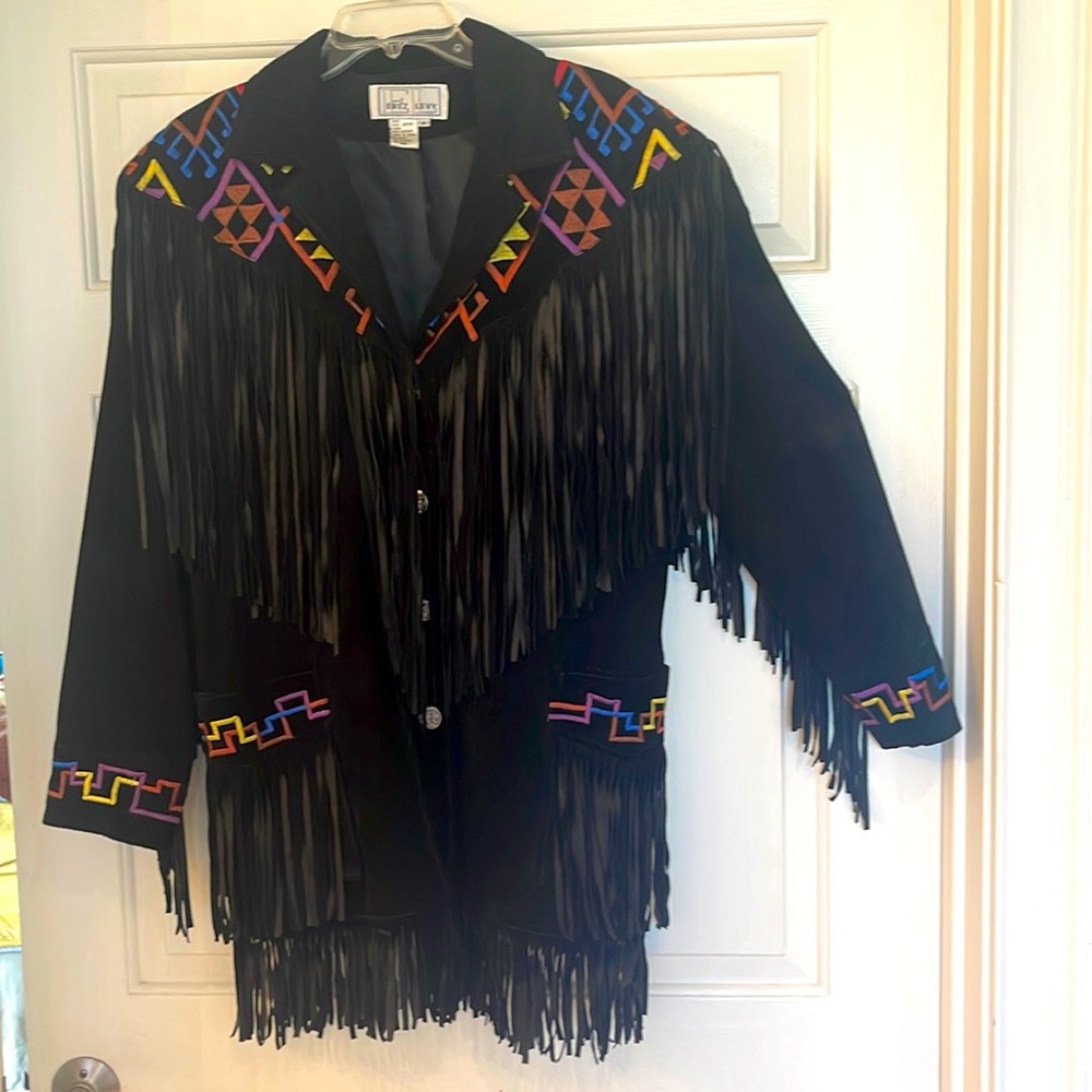 Vintage Suede Coat by Ezra Levy. Black with fringe and embroidery. Fully lined.